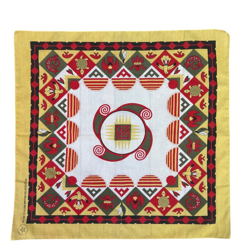 Vintage Bandana 1990s Southwestern Aztec Yellow Red Green White Retro Funky USA